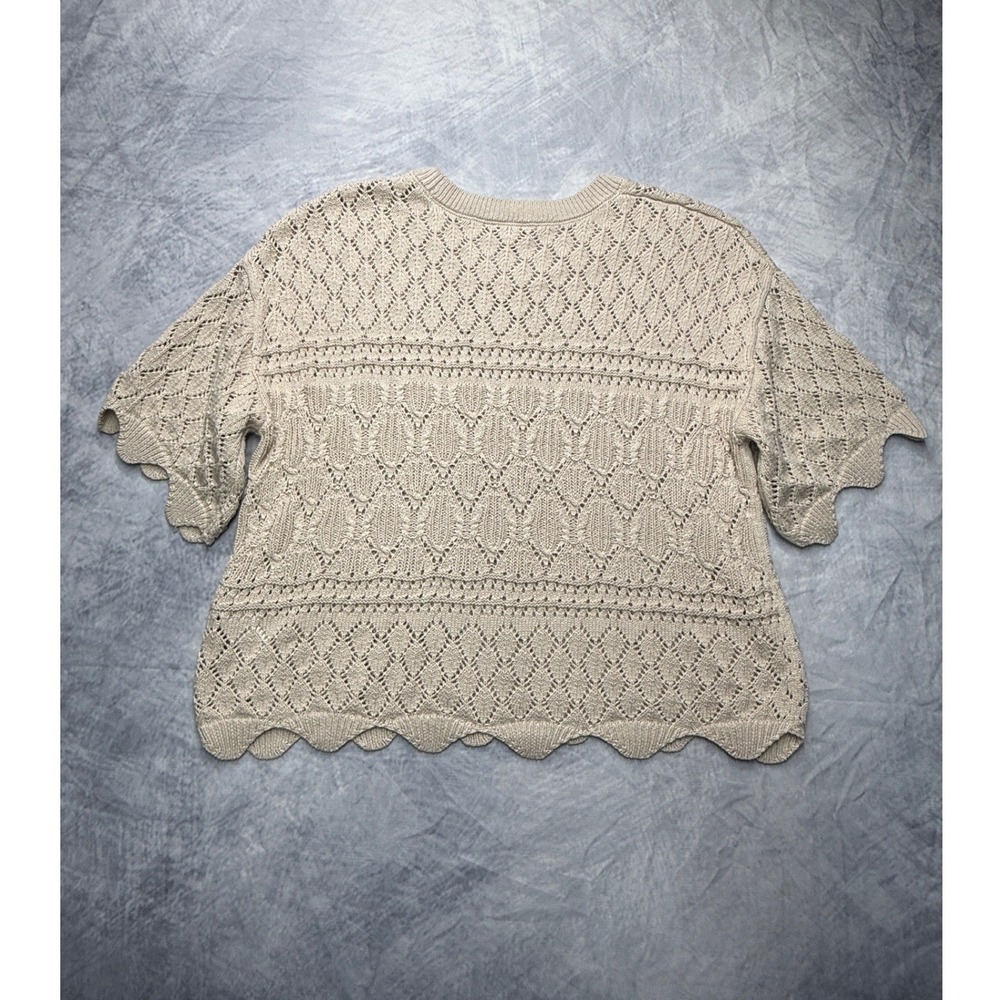 Splendid Tan Open Knit Short Sleeve Sweater Top womens sz L cottage shabby boho - Picture 2 of 8